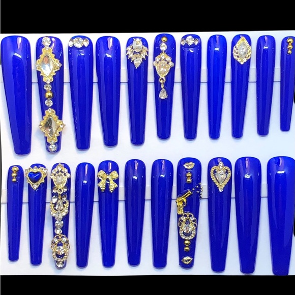 Handmade Custom Press on Nails Gel 2XLong Coffin Cobalt Royal Blue & Gold Bling - Picture 1 of 9